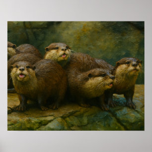 Curious Company – Otter Family on the Rocks Poster