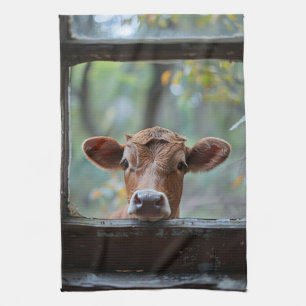 Curious Cow Looking Through a Window Kitchen Towel