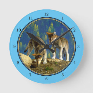 Curious Cute Baby Wolves Light Green Large Clock