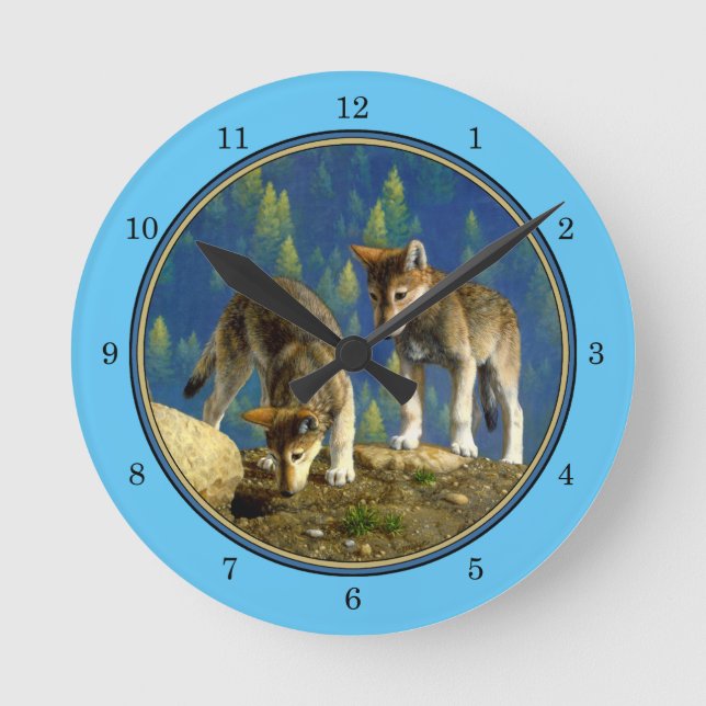 Curious Cute Baby Wolves Light Green Large Clock (Front)