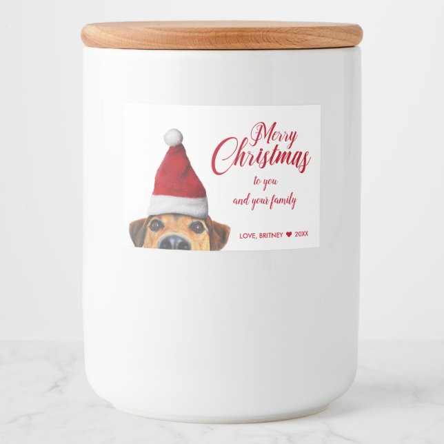 Curious Cute Funny Dog with Santa Hat Food Label (Front)