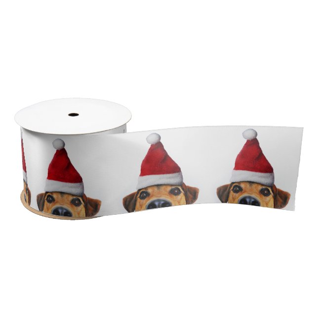 Curious Cute Funny Dog with Santa Hat Satin Ribbon (Spool)