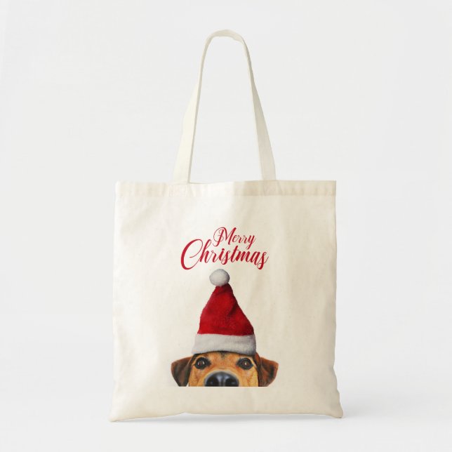 Curious Cute Funny Dog with Santa Hat Tote Bag (Front)