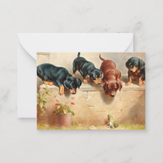 Curious Dachshund Puppies and a Frog Card