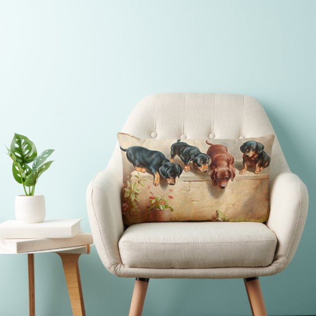 Curious Dachshund Puppies and a Frog Lumbar Pillow (Chair)