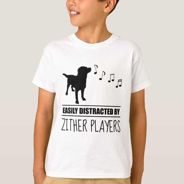 Curious Dog Easily Distracted by Zither Players T-Shirt (Front)