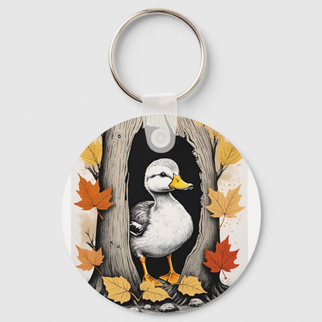 Curious Ducklings and Autumn Leaves Pattern Design Keychain (Front)