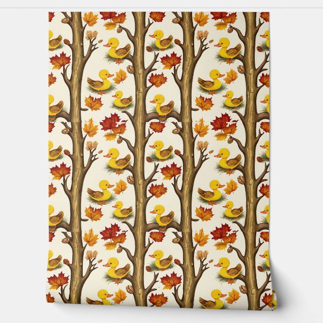 Curious Ducklings and Autumn Leaves Pattern Design Wallpaper (Unrolling)