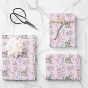 Curious Easter Bunny Pastel Lavender Flowers Wrapping Paper Sheet