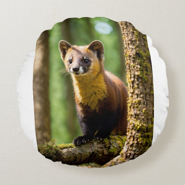 Curious Eyes – Animated Pine Marten Close-Up Round Pillow (Front)