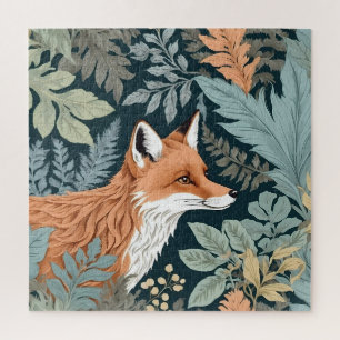 Curious Fox Fern Leaves William Morris Inspired Jigsaw Puzzle