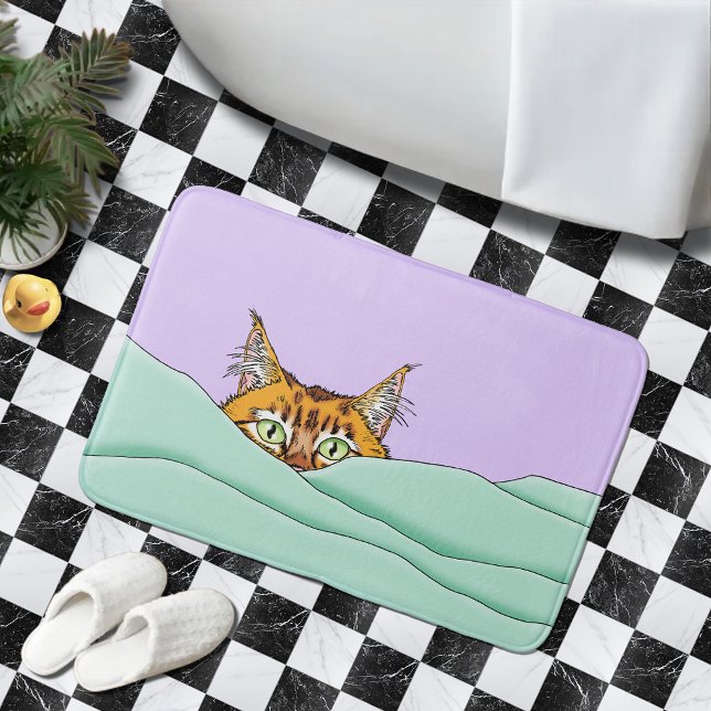Curious Ginger Peekaboo Cat Funny Lavender Green Bath Mat (Creator Uploaded)