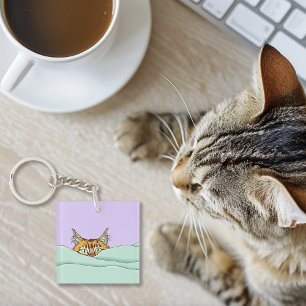 Curious Ginger Peekaboo Cat Funny Lavender Green Keychain