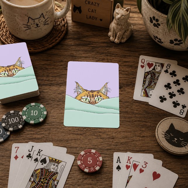 Curious Ginger Peekaboo Cat Funny Lavender Green Playing Cards (Creator Uploaded)