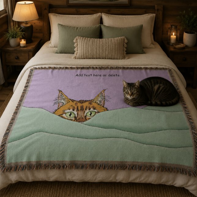 Curious Ginger Peekaboo Cat Funny Lavender Green Throw Blanket (Creator Uploaded)