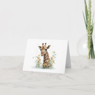 Curious Giraffe Head with Flowers BLANK Card