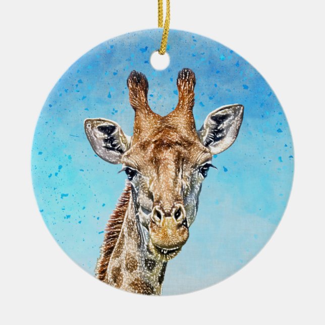 Curious Giraffe with Blue Confetti Sky Ceramic Ornament (Front)