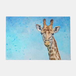 Curious Giraffe with Blue Confetti Sky Doormat