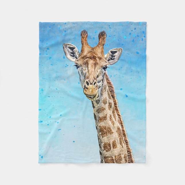 Curious Giraffe with Blue Confetti Sky Fleece Blanket (Front)