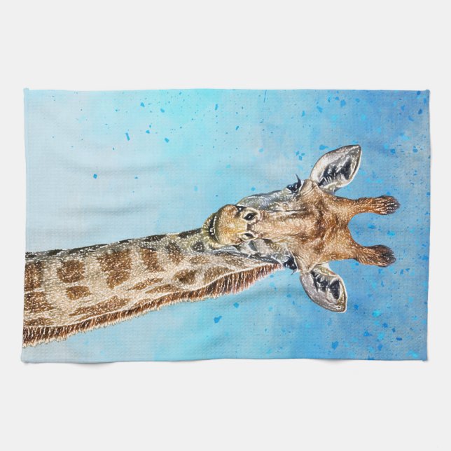 Curious Giraffe with Blue Confetti Sky Kitchen Towel (Horizontal)