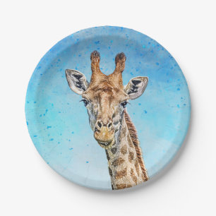 Curious Giraffe with Blue Confetti Sky Paper Plate