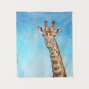 Curious Giraffe with Blue Confetti Sky Tapestry