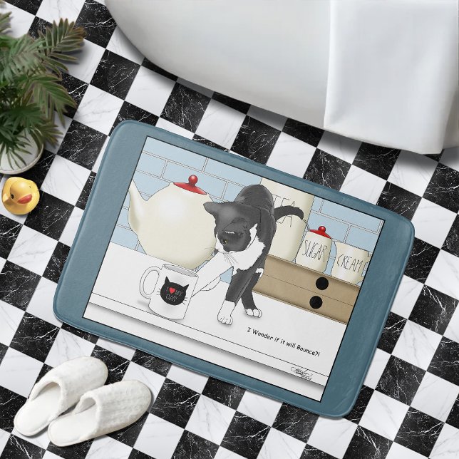 Curious Grey White Cat Funny Tea Mug Kitchen Bath Mat (Creator Uploaded)