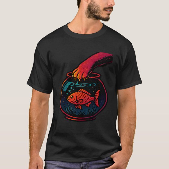 Curious Hungry Cat Reaching for Fish Art T-Shirt (Front)