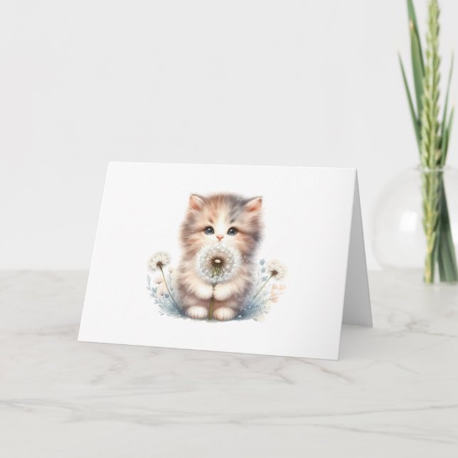 Curious Kitten & Daisy Soft Pastel Blank Greeting Card (Front)