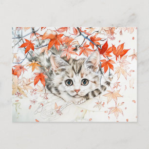 Curious Kitten in Autumn Leaves in Chinese Ink Pai Postcard