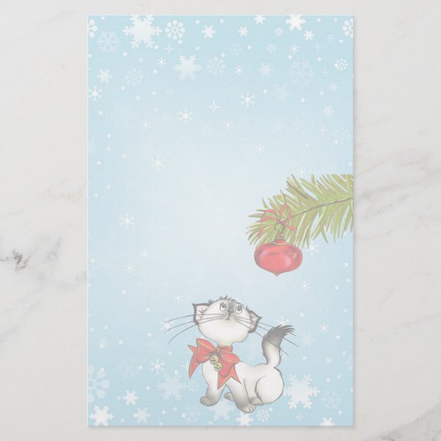 Curious Kitty Cat In A Red Christmas Bow Stationery (Front)