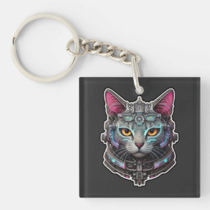Curious Kitty in a Cyber Helmet Keychain