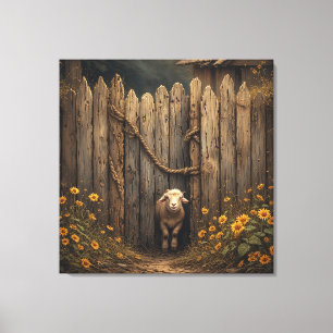 Curious Lamb Peeking From Rustic Wooden Gate Canvas Print