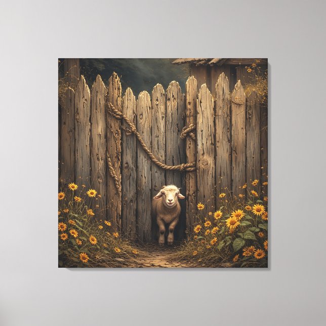 Curious Lamb Peeking From Rustic Wooden Gate Canvas Print (Front)