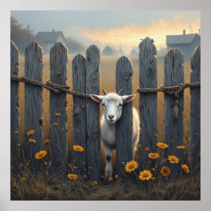Curious Lamb Peeking From Rustic Wooden Gate Poster