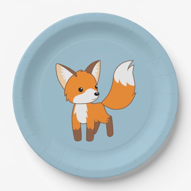 Curious Little Fox on Blue Paper Plate (Front)