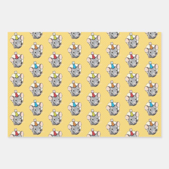 Curious Little Mice in Birthday Hats Pattern Wrapping Paper Sheet (Front)