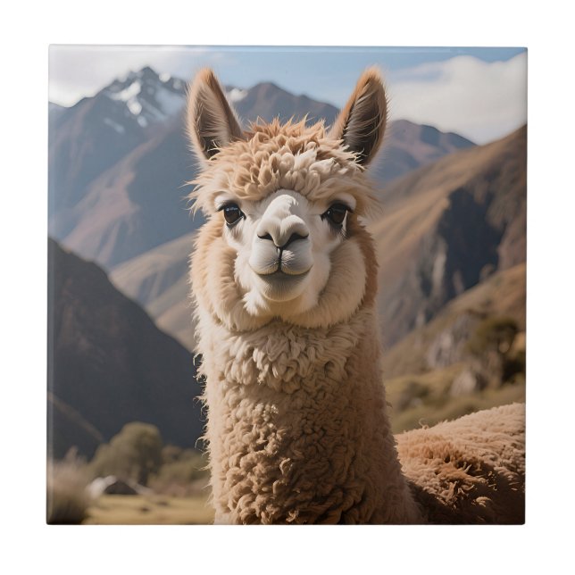 Curious Llama Mountain Portrait Tile (Front)