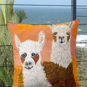 Curious Llamas against Golden Sky Throw Pillow