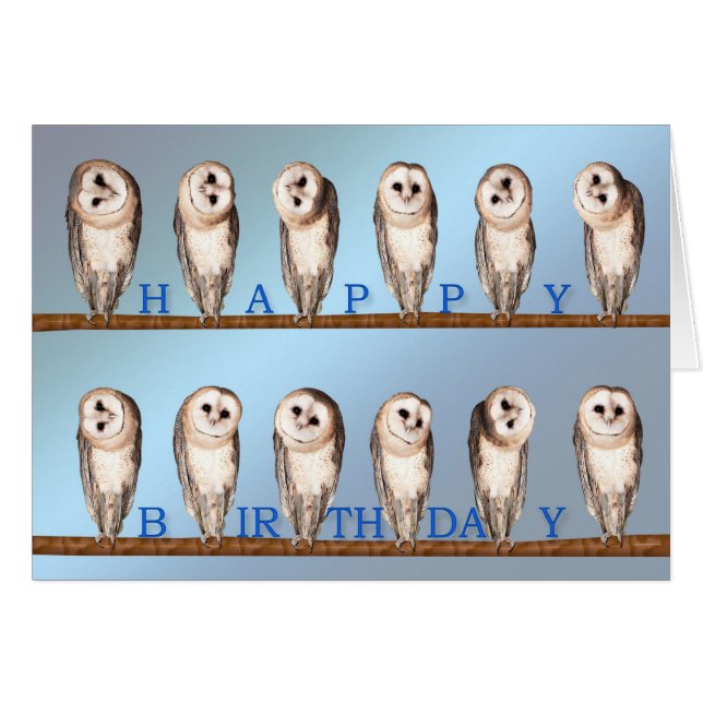Curious owls birthday card. (Front Horizontal)