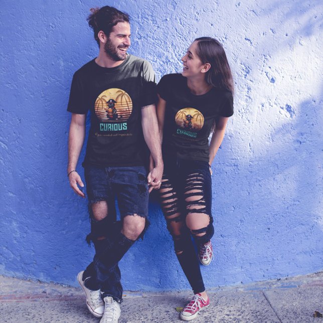 Curious pirate cat deciphers ancient mysteries T-Shirt (A couple is wearing a Curious Pirate Cat Deciphers ancient mysteries T-shirt.)