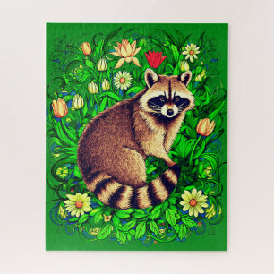  Curious Raccoon in a Colourful Flower Garden Jigsaw Puzzle