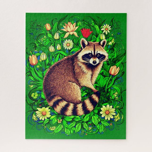  Curious Raccoon in a Colourful Flower Garden Jigsaw Puzzle (Vertical)