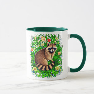 Curious Raccoon in a Colourful Flower Garden Mug