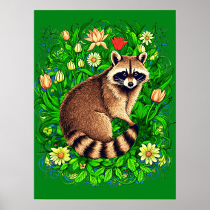Curious Raccoon in a Colourful Flower Garden Poster