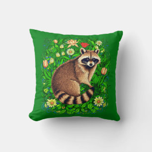 Curious Raccoon in a Colourful Flower Garden Throw Pillow