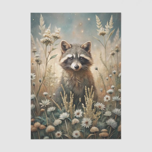 Curious Raccoon in a Forest Meadow with Flowers Tissue Paper (Front)