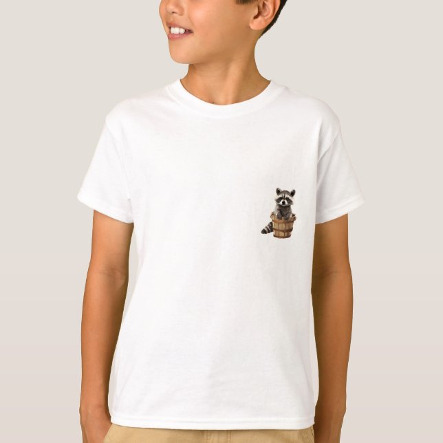 Curious Raccoon in a Wooden Bucket Kids T-Shirt (Front)