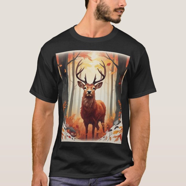Curious Red Deer in a Serene Forest T-Shirt Design (Front)