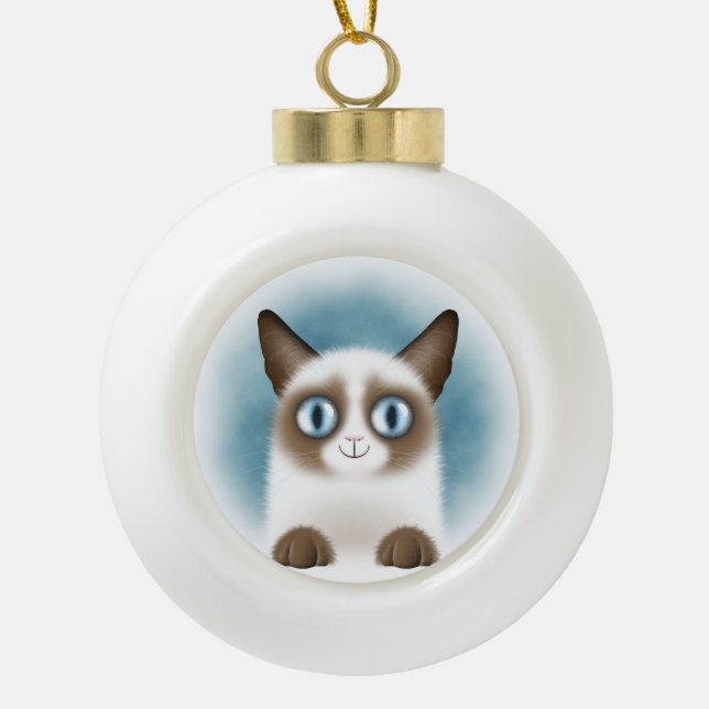 Curious Siamese Kitten Ceramic Ball Christmas Ornament (Front)